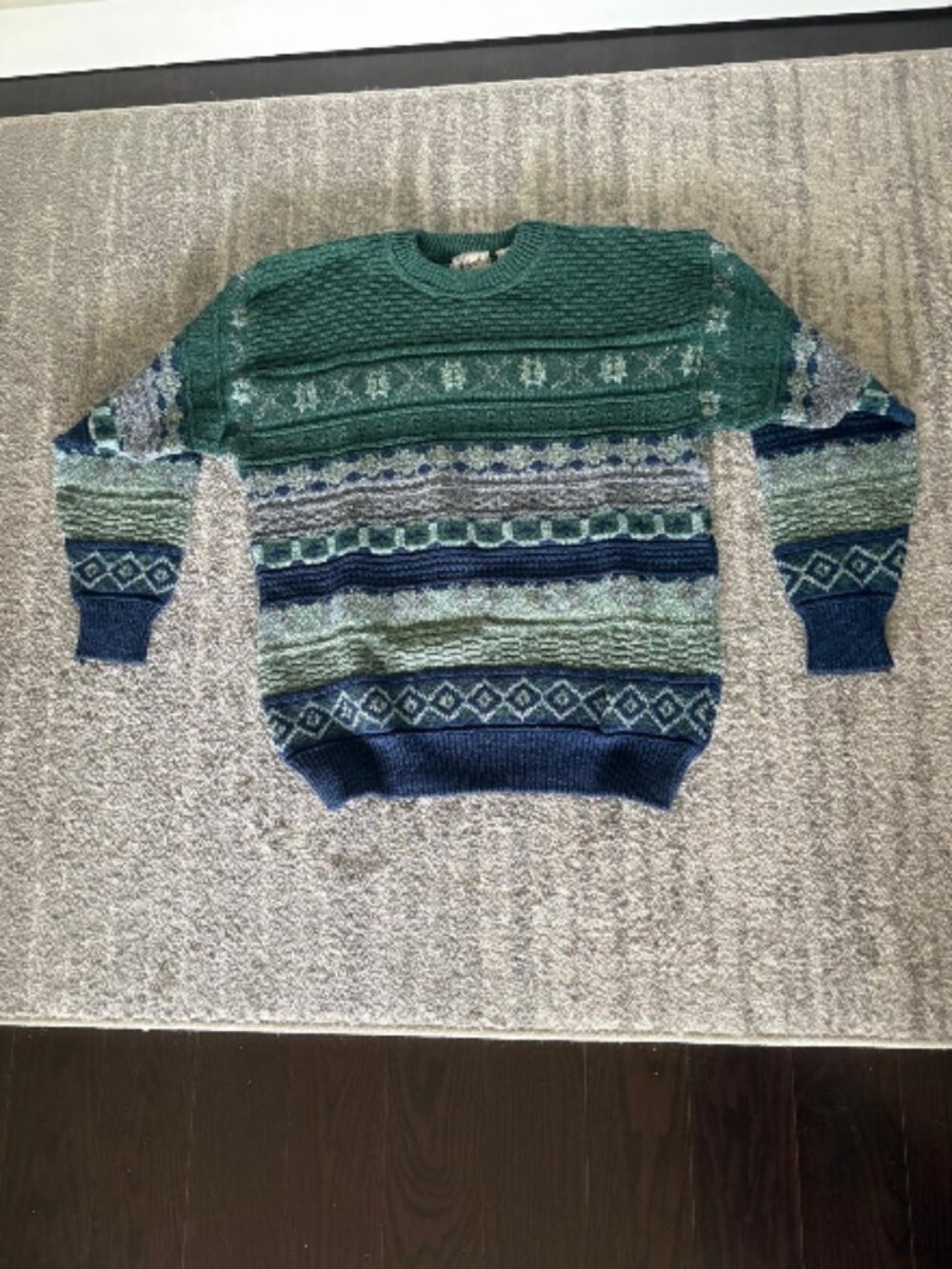 Men’s Vintage Green and Blue Patterned Crewneck Knit Sweater from Chinook